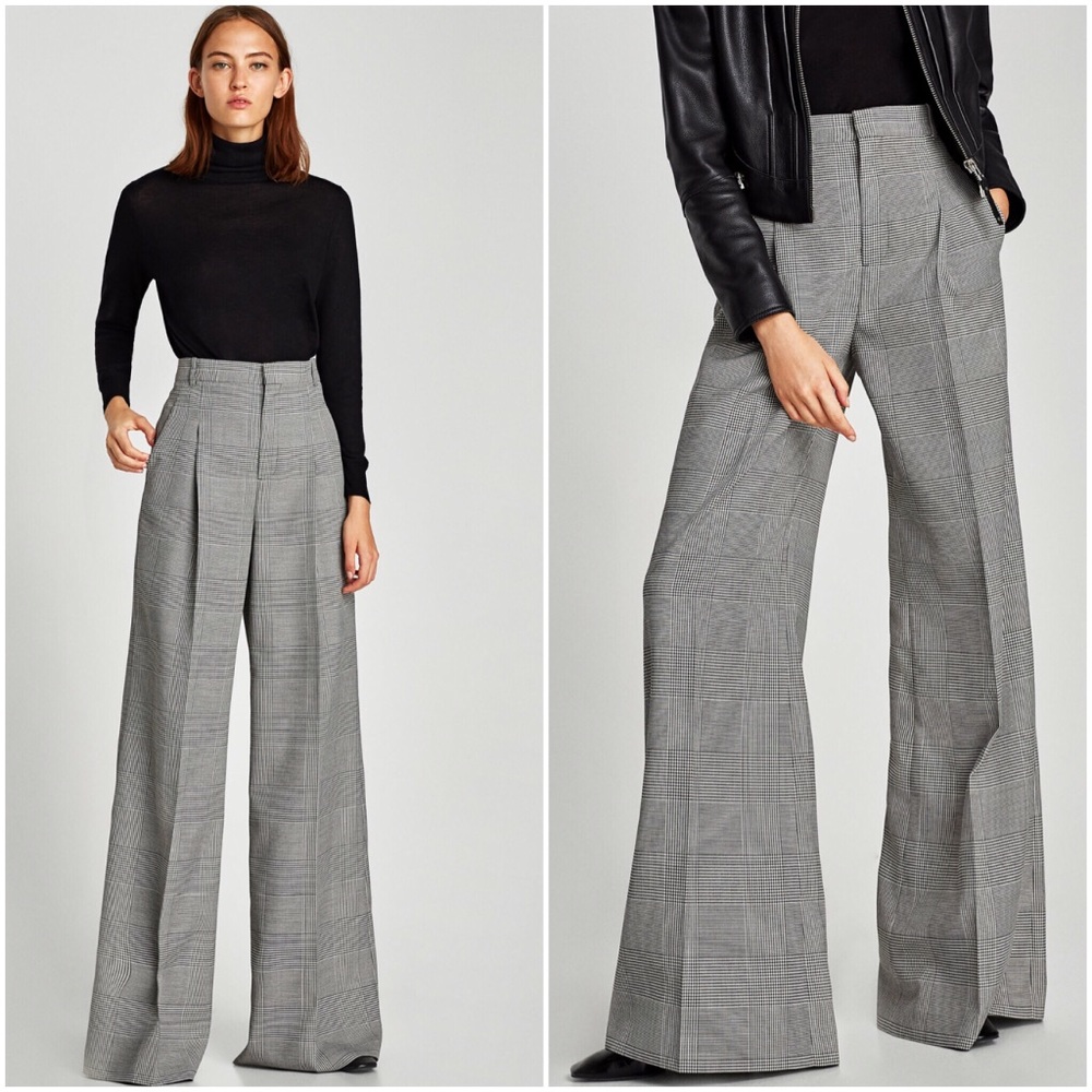 ZARA High Rise Houndstooth Wide Leg Trouser